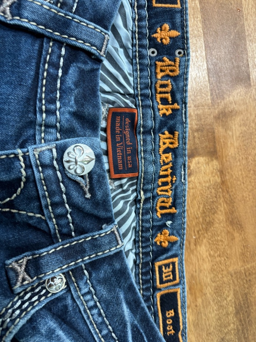 Rock Revival Women's Boot Cut Jeans in Dark Blue with Orange Trim
